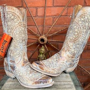 FERRINI! Glitter Inlay Starburst Brown Gold Leather Cowgirl Western Boots 8